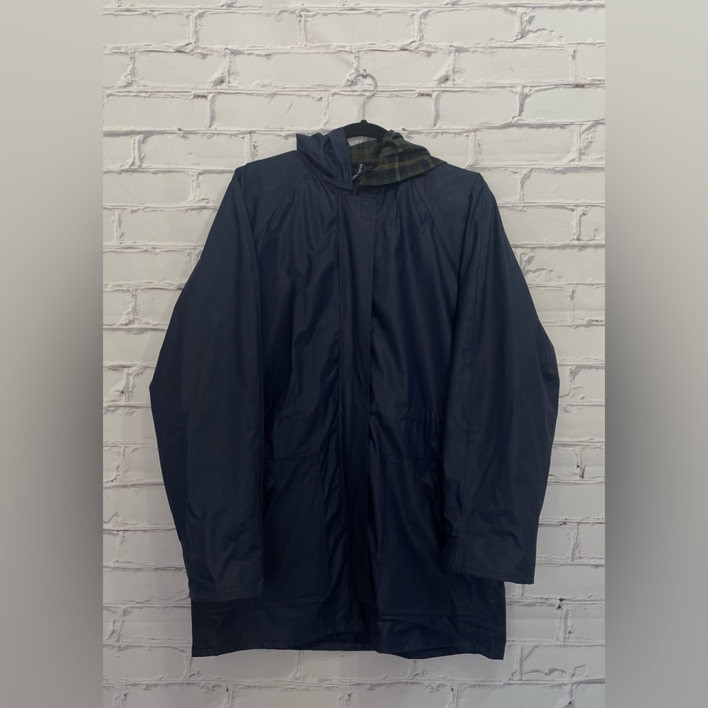 Totes Navy Blue Rain Coat with Hood and Plaid Lining Size Small